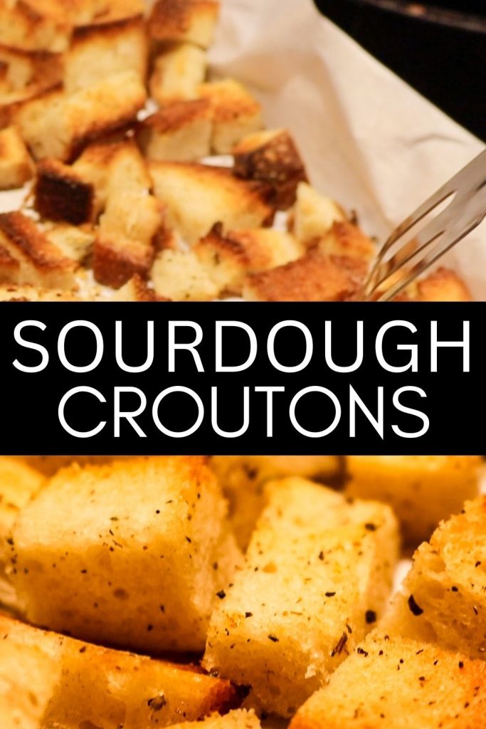 baked sourdough croutons on a tray with a spatula