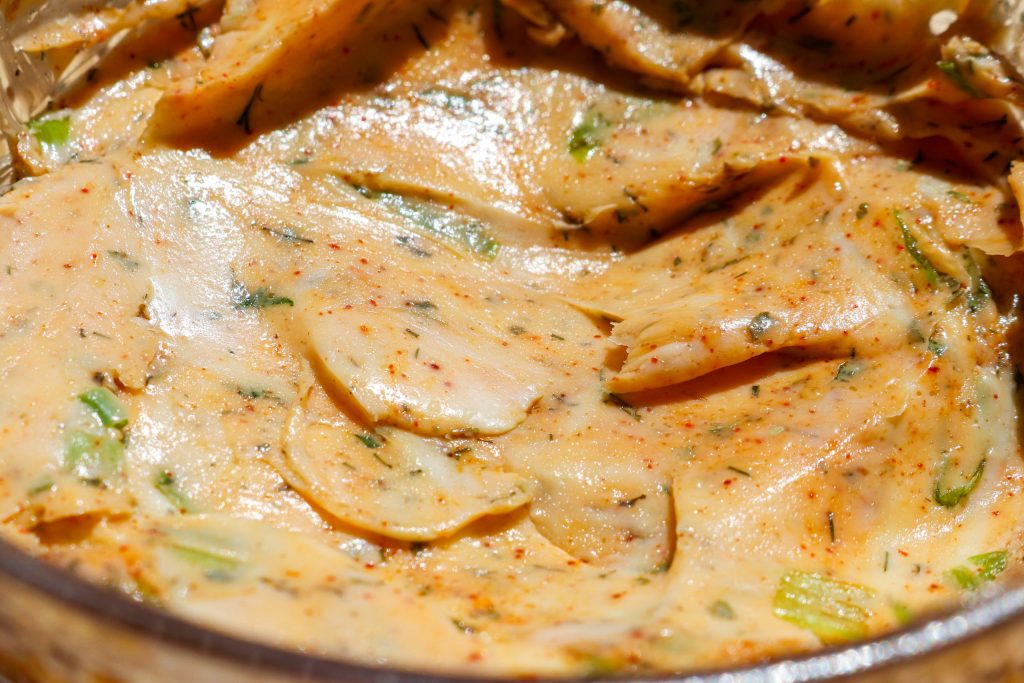seafood compound butter in a glass dish
