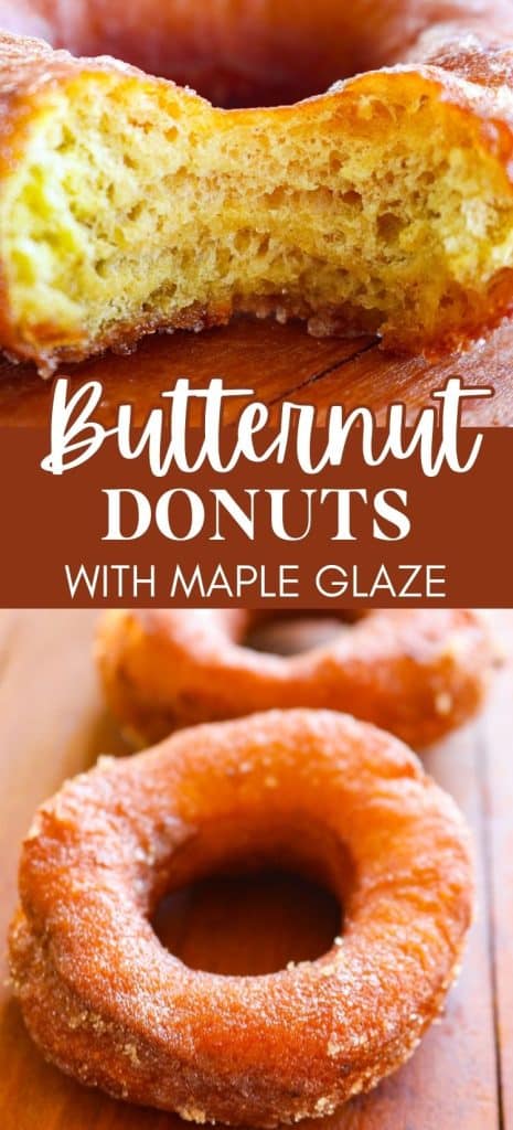 Pinterest pin image of butternut donuts with maple glaze