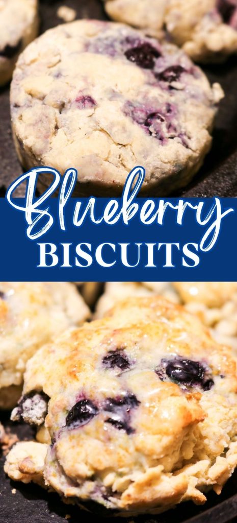 blueberry biscuits pinterest pin with unbaked biscuit dough and a baked blueberry biscuit